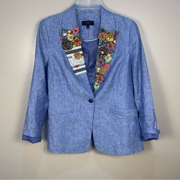 Talbots Jackets & Blazers - Talbots 100% Linen Embellished Appliqué Detail Lapels Stones Beading Roses